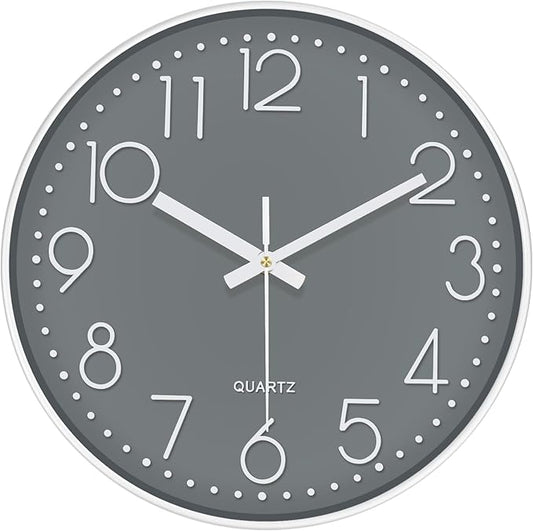 Silent Wall Clocks Battery Operated 8 Inch, Analog Wall Clock with Oversized Number Tempered Glass Clock Face, Quartz Non Ticking Wall Clocks for Living Room Bedroom Kitchen Office, Grey