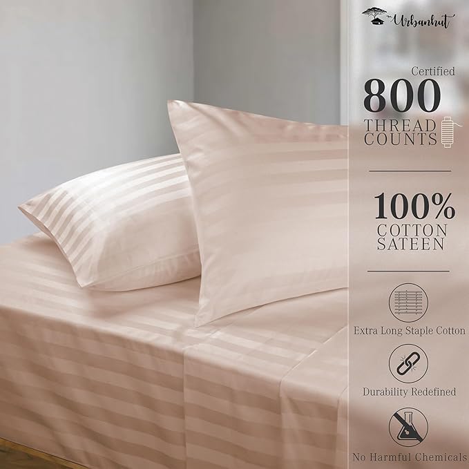 URBANHUT 800 Thread Count Egyptian Cotton Damask Striped King Size Sheets Set (4 Pc) - Ultra Soft & Smooth, Sateen Weave King Size Sheets, Luxury Hotel Sheets with 16" Deep Pocket - Blush Pink