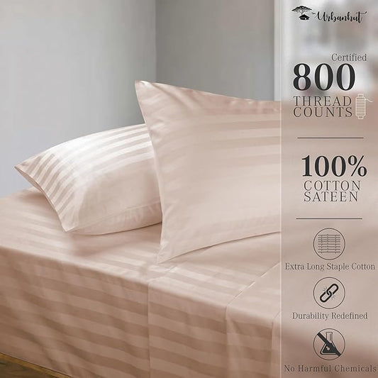 URBANHUT 800 Thread Count Egyptian Cotton Damask Striped King Size Sheets Set (4 Pc) - Ultra Soft & Smooth, Sateen Weave King Size Sheets, Luxury Hotel Sheets with 16" Deep Pocket - Blush Pink