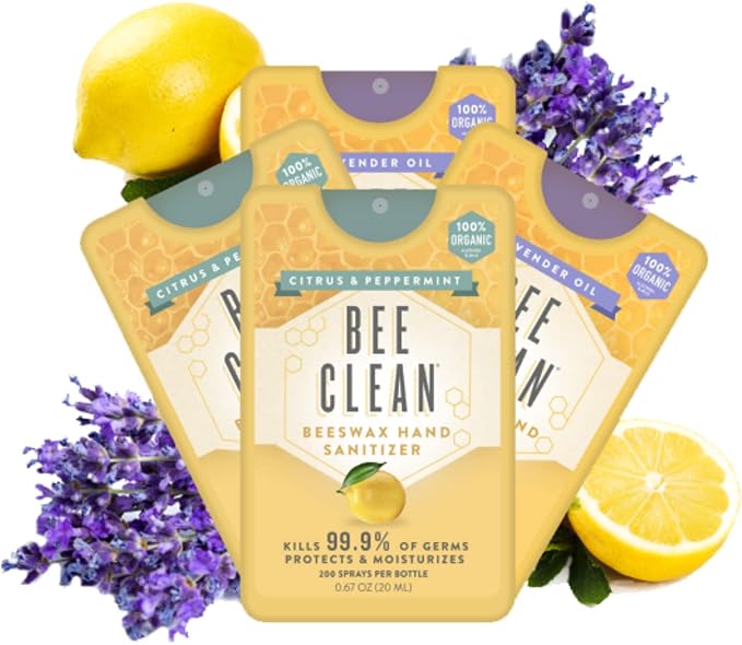Organic Beeswax Hand Sanitizer Spray - 4-Pack (2 Lavender + 2 Citrus Peppermint), Travel Size Mist Spray with Organic Ethyl Alcohol, Moisturizing with Essential Oils, Non-Toxic, Made in USA