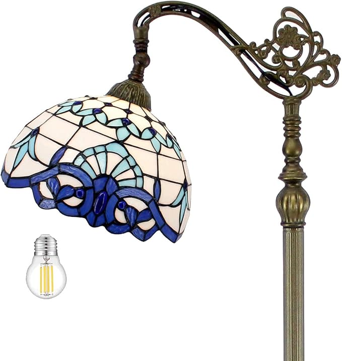 WERFACTORY Tiffany Floor Lamp Navy Blue White Stained Glass Arched Lamp 12X18X64 Inches Gooseneck Adjustable Corner Standing Reading Light Decor Bedroom Living Room S003B Series