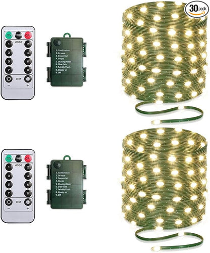 33ft Battery Operated String Lights (2 Pack), 100 LED Fairy String Lights Battery Powered w/Remote & Timer for Indoor Outdoor Christmas Trees Wreath Decoration Bedroom Patio - Warm White
