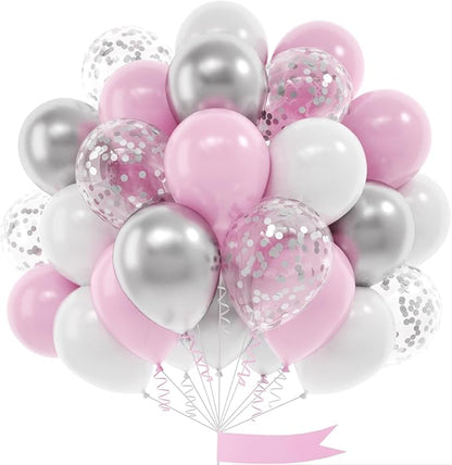 Pink and Silver Balloon, 60 Pcs 12 Inches Pastel Pink White Confetti Balloons for Girls Kids Birthday Wedding Baby Shower Graduation