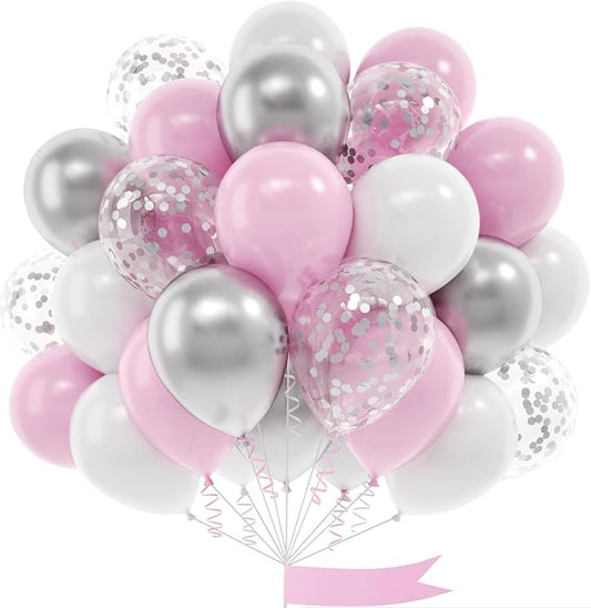 Pink and Silver Balloon, 60 Pcs 12 Inches Pastel Pink White Confetti Balloons for Girls Kids Birthday Wedding Baby Shower Graduation