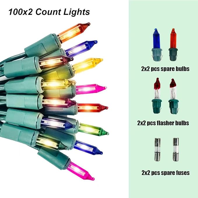 Christmas Lights Multicolor,Incandescent Light String Green Wire Indoor Outdoor, 200 Counts(2x100) 45 FT Length,Tree Light, Holiday Decorations in Party Birthday Bar
