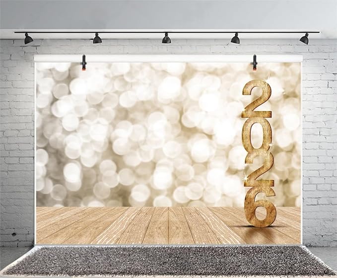 Leyiyi Happy New Year 2026 Background 8x6ft Photography Backdrops Wooden Bokeh Light Spot Dreamy Paillette Twinkle New Year Eve Christmas Family Party Adults Shooting Props