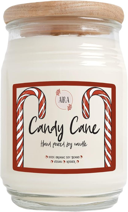 Aira Soy Christmas Candles - Organic, Kosher, Vegan, in Farmhouse Jar w/Essential Oil Blends - Hand-Poured 100% Soy Candle Wax - Paraffin Free, Burns 150+ Hours - Peppermint Candy Cane - 20 Ounces