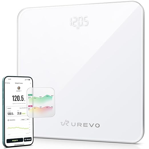UREVO Smart Scale for Body Weight & BMI Tracking Sync with App, Digital Bathroom Scale with LED Display, Highly Accurate Weight Scale, 400 lb/180 kg, lb/kg Units, Batteries Included, White