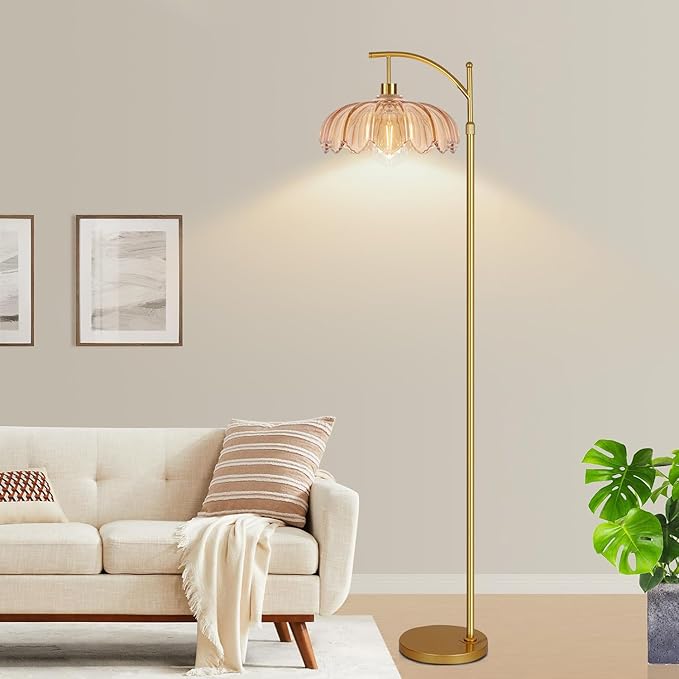 Floor Lamp for Living Room,Bedroom,Gold Dimmable Standing Lamp with Remote,Mid Century Modern Brass Tall Lamp Retro Vintage Green Glass Lamp Floor Light Boho Bohemian