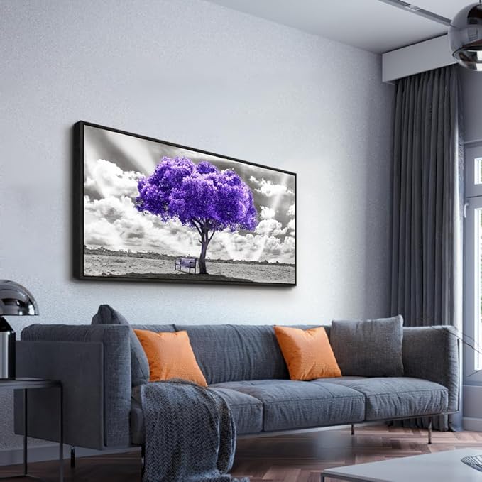 Wapluam Black Framed Canvas Wall Art For Living Room Large Wall Decor For Bedroom Wall Decoration Office Purple Tree Pictures Artwork Abstract Black and White Wall Painting Ready to Hang 20" x 40"
