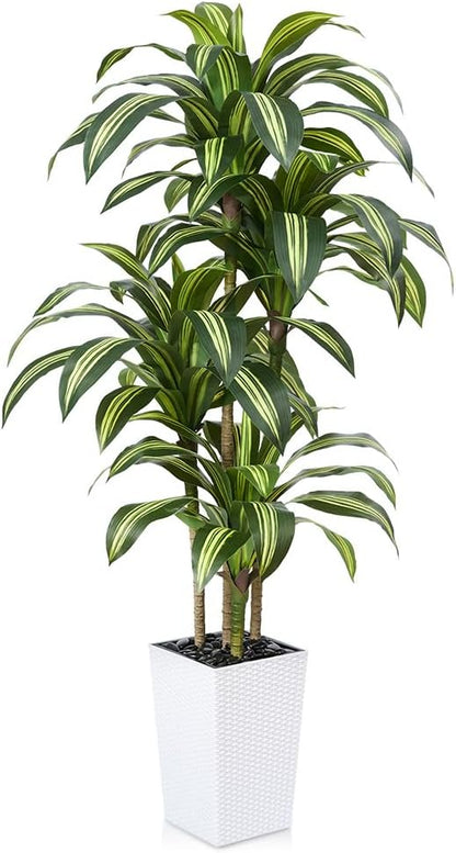 Artificial Dracaena Tree 6FT - UV Resistant Faux Tree with Large Taper Planter & Pebbles - Tall Fake Plants Indoor & Outdoor, Potted Floor Plant for Home Living Room Porch Decor, VN127