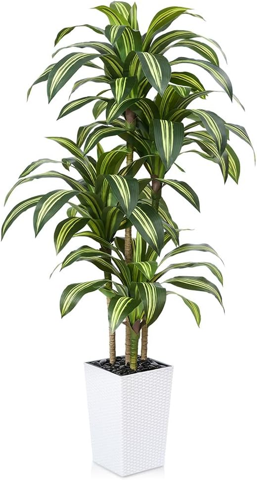 Artificial Dracaena Tree 6FT - UV Resistant Faux Tree with Large Taper Planter & Pebbles - Tall Fake Plants Indoor & Outdoor, Potted Floor Plant for Home Living Room Porch Decor, VN127