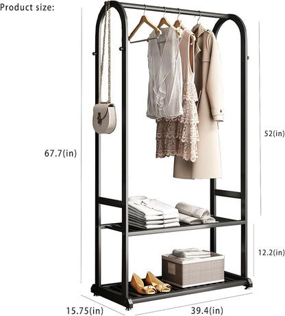 Heavy duty clothes rack,Metal Clothing rack for hanging clothes,garment rack with bottom shelves and 6 side hooks for bedroom cloakroom(black, L:39.4)