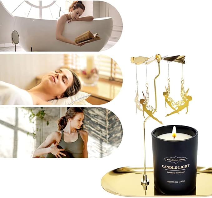 Kelly's Custom Candles Rotating Candle Set, Candles for Women - Sandalwood Rose & Lavender Eucalyptus, Angel+Snowflake Design, Aromatherapy, Stress Relief, 2x16 oz, Black