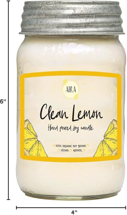 Aira Soy Candles - Organic, Kosher, Vegan, in Mason Jar w/Therapeutic Grade Essential Oil Blends - Hand-Poured 100% Soy Candle Wax - Paraffin Free, Burns 110+ Hours - Clean Lemon - 16 Ounces