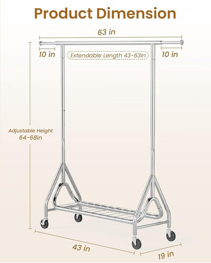 Heavy Duty Garment Rack, Metal Clothes Rack Load 450 LBS, Rolling Clothing Racks for Hanging Clothes with Lockable Wheels, Wardrobe Closet Coat Racks for Bedroom, Silver