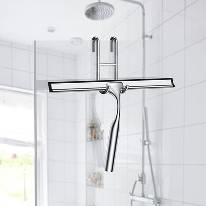 14-Inches Stainless Steel Shower Squeegee Set, Include Shower Door Hook, Adhesive Hook and Spare Silicone Blade, Window Squeegee for Shower Glass Door, Bathroom, Mirror, Window and Car Glass