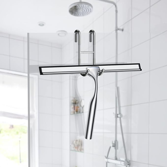 Shower Squeegee Set, Include Shower Door Hook, Adhesive Hook and Spare Silicone Blade, Window Squeegee for Shower Glass Door, Bathroom, Mirror, Window Car Glass 14Inches Silver