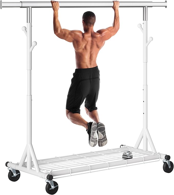 Heavy Duty Clothes Rack Load 530 LBS Metal Clothing Garment Rack Hang 200 pieces of clothing on Wheels Collapsible Rolling Portable & Adjustable with Hook for Hanging Clothes White