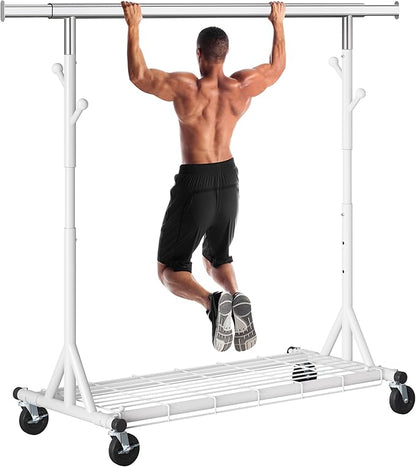 Heavy Duty Clothes Rack Load 530 LBS Metal Clothing Garment Rack Hang 200 pieces of clothing on Wheels Collapsible Rolling Portable & Adjustable with Hook for Hanging Clothes White
