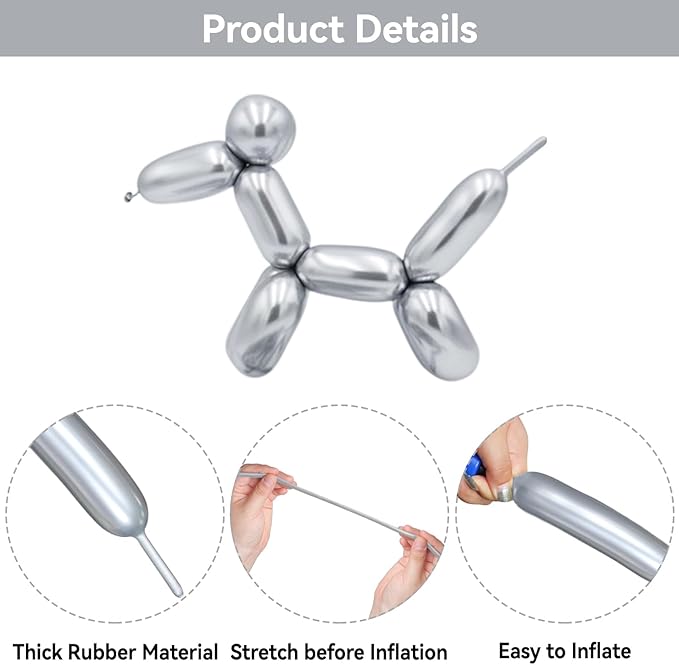 Metallic Silver Long Balloons Premium 260 Twisting Magic Balloons for Birthday Kids Wedding Party Supply 100pcs