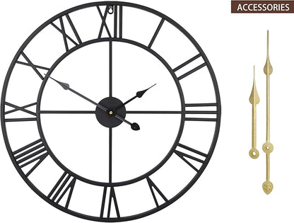 LEIKE 16" Large Wall Clocks Battery Operated, Round Modern Silent Non-Ticking Black Metal Wall Clock for Living Room Decor, Bedroom Kitchen (40cm Diameter, Black Roman Number)