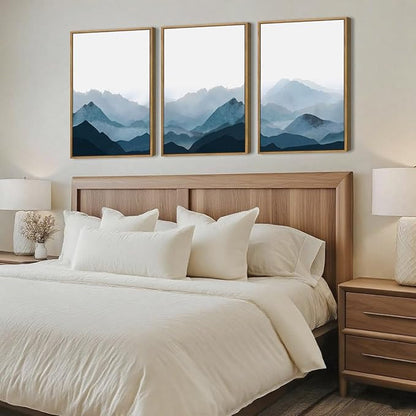 BINCUE Framed Blue Mountain Wall Decor Fog Blue Ridge Mountains Wall Art for Living Room Bedroom Office 16x24 Inches Set of 3