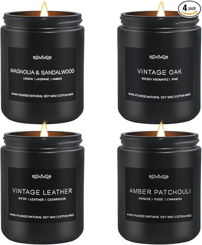 Scented Candles Gifts, Gift for Men, 4 Pack Candles Set, Soy Candle for Home Scented, Birthday Gifts Candle Set for Men Scents of Magnolia Sandalwood/Oak/Amber Patchouli/Leather