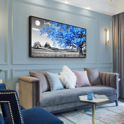 Wapluam Black and White Wall Art For Living Room Large Wall Decoration For Bedroom Blue Tree Landscape Abstract Painting Office Wall Decor Picture Canvas Prints Modern Home Wall Decor Black Framed