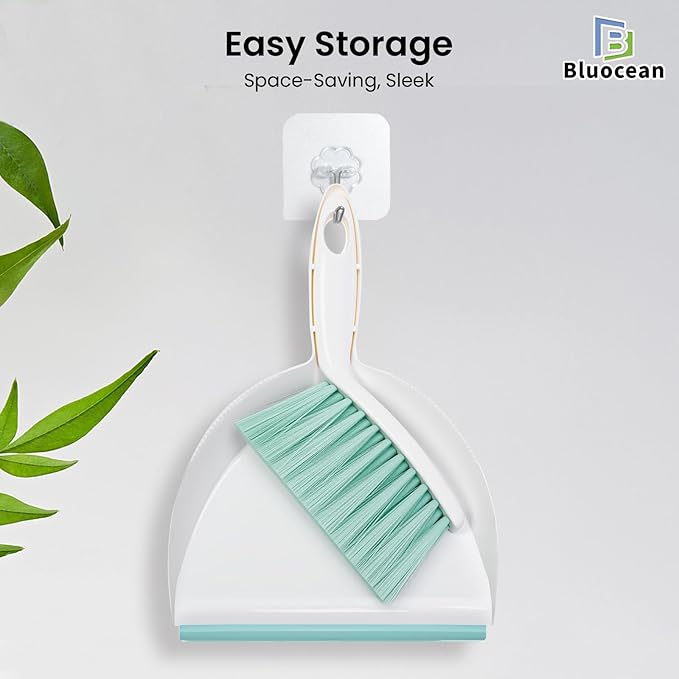 Mini Broom and Dustpan, Plus an Adhesive Hook Set, 7" Dustpan Opening, Bristles for Hair and Small Debris, Mini Portable Hand Brush for Pet, Sofa, Desk, Kitchen (White & Fern Green)
