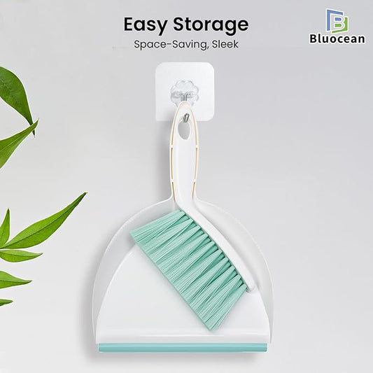 Mini Broom and Dustpan, Plus an Adhesive Hook Set, 7" Dustpan Opening, Bristles for Hair and Small Debris, Mini Portable Hand Brush for Pet, Sofa, Desk, Kitchen (White & Fern Green)