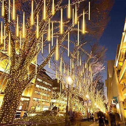 Solar Meteor Shower Lights Outdoor, Waterproof Christmas Lights Decorations Solar Powered 16 Tubes 384LED Icicle String Light, Snow Cascading Rain Drop Light for Xmas Tree Garden Decor (Warm White)