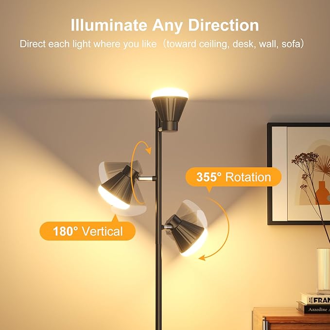 Floor Lamps for Living Room, 36W LED Floor Lamp Standing Lamp with Foot Switch, 3 Color Temperatures Living Room Lamps, 3 Rotatable Light Modern Floor Lamps for Living Room Bedroom Office