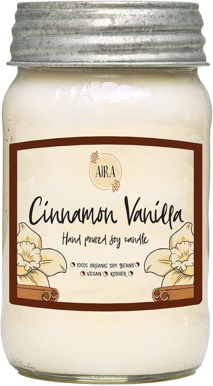 Aira Soy Candles - Organic, Kosher, Vegan, in Mason Jar w/Therapeutic Grade Essential Oil Blends - Hand-Poured 100% Soy Candle Wax - Paraffin Free, Burns 110+ Hours - Cinnamon Vanilla -16 Ounces