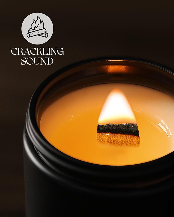 AOOVOO Scented Candles for Men - Mahogany & Teakwood Candles for Home Scented | Crackling Wood Wick Soy Candles | Strong Fragranced Masculine Black Candle Gift for Women & Men, 9oz