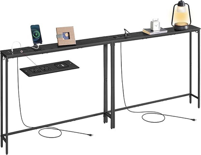 VASAGLE Set of 2 Console Tables with Power Outlets, Slim Behind Couch Sofa Tables, 5.9 x 39.4 x 31.5 Inches, 2 Hooks, Easy Assembly, for Entryway, Living Room, Ebony Black and Ink Black ULNT078B01