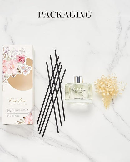 M&SENSE Reed Diffuser Set with 7 Sticks | 7.0oz Fresh Linen & Lemon Scent, Home Fragrance Flame Free Diffuser for Housewarming Gifts, Long Lasting Room Fresheners Shelf Décor with Flower