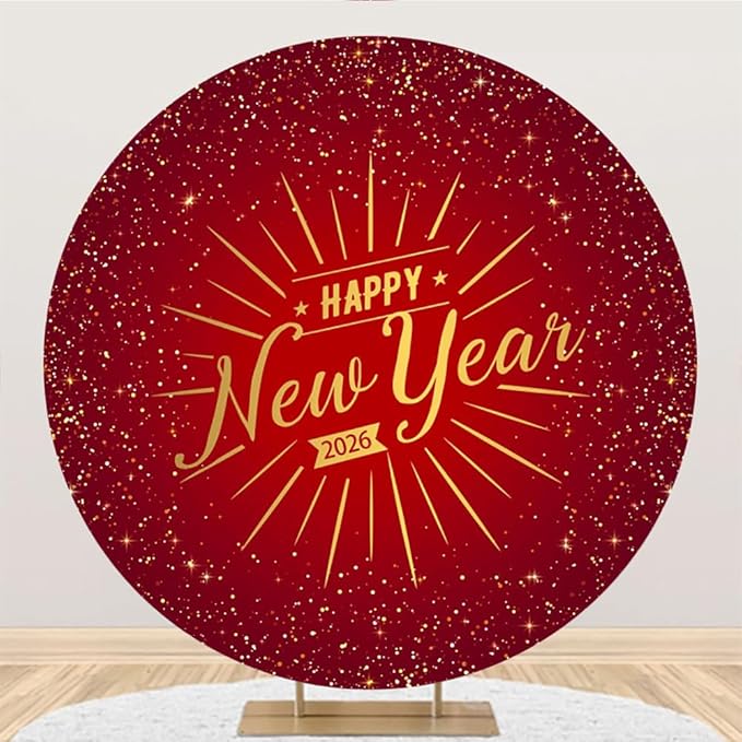 Leowefowa Happy New Year Round Backdrop Cover Red 2026 New Year Circle Background Red and Gold Sequins Glitter Dot New Years Eve Celebration Festival Party Banner Decor Photo Studio Props 7.5x7.5ft