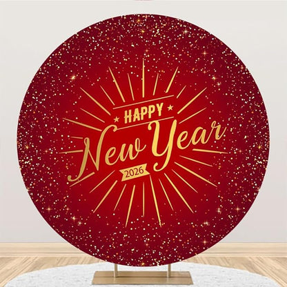 Leowefowa Happy New Year Round Backdrop Cover Red 2026 New Year Circle Background Red and Gold Sequins Glitter Dot New Years Eve Celebration Festival Party Banner Decor Photo Studio Props 7.5x7.5ft