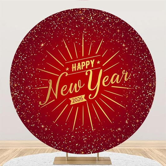 Leowefowa Happy New Year Round Backdrop Cover Red 2026 New Year Circle Background Red and Gold Sequins Glitter Dot New Years Eve Celebration Festival Party Banner Decor Photo Studio Props 7.5x7.5ft