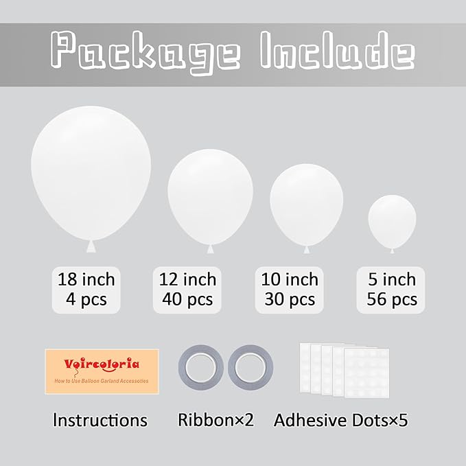 130pcs White Balloons Different Sizes 18" 12" 10" 5" Party Latex Balloons for Birthday Baby Shower Graduation Wedding Anniversary Party Decorations