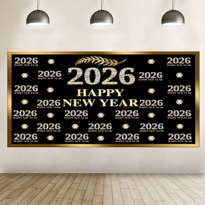 Leyiyi 20x10ft 2026 Happy New Year Backdrop Sparkling Diamond Black and Gold Photography Background Step and Repeat Diamond 2026 Photo Backdrop New Year Eve Holiday Party Photo Props