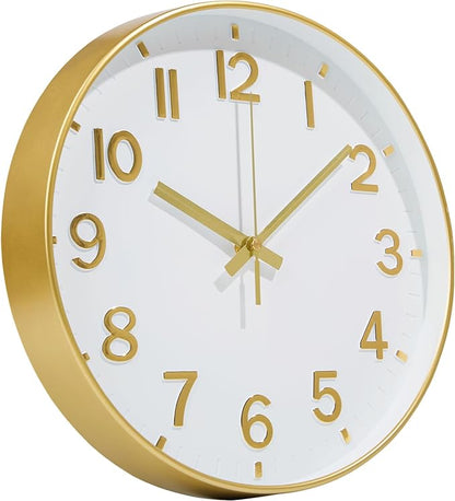 Modern Wall Clock, 10 Inch Digital Wall Clocks Battery Operated, Round Non Ticking Silent Analog Clock for Bedroom Living Room Kitchen Office Gym Classroom Decor, Gold Battery Clock