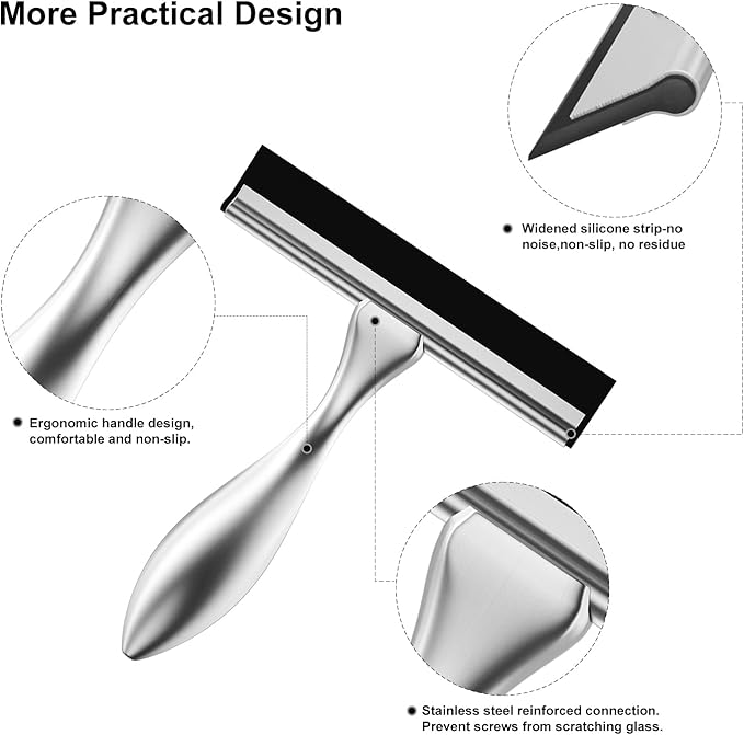 peafowl Shower Squeegee Stainless Steel Bath Squeegee for Shower Glass Doors Bathroom Windows Kitchen Mirror and Car Glass with Hooks Holder (10 inch, Brushed Silver)
