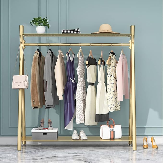 Clothes rack Gold, Freestanding Industrial Garment Rack with Double shelves Multi-functional Bedroom Hanging Clothing Rack,Heavy Duty Movable Coat Rack for Organizing Clothes and Shoes (39'' L)