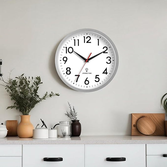 Atomic Wall Clock Analog 10 Inch Battery Operated Modern Decorative for Living Room Kitchen Office Bedroom Bathroom(Silver)