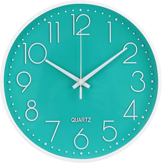 Wall Clock 10 Inch Non-Ticking Silent Modern Simple Style Round Decor Clock Turquoise Stereoscopic Dial Quartz Wall Clocks for Home/Office/School/Living Room/Bedroom/Kitchen