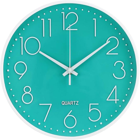 Wall Clock 10 Inch Non-Ticking Silent Modern Simple Style Round Decor Clock Turquoise Stereoscopic Dial Quartz Wall Clocks for Home/Office/School/Living Room/Bedroom/Kitchen