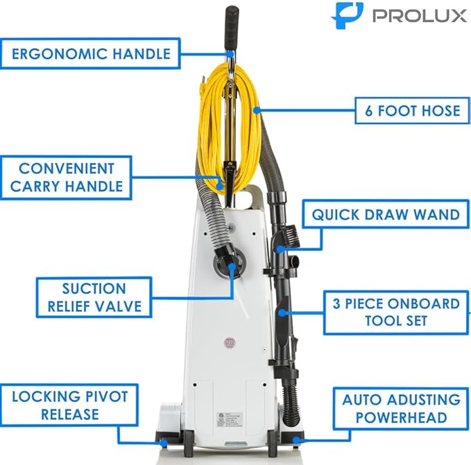 Prolux 6000 Commercial Upright Vacuum with On Board Tools, Bagged Vacuum Cleaner, Commercial Vacuum, Carpet, Floor, HEPA Filter, Steel Brushroll, 107 CFM Suction Power