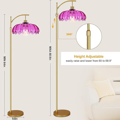 Vintage Floor Lamps for Living Room Arc Floor Lamp with Remote Control & Glass Lampshade,Mid Century Modern Standing Lamp Gold Tall Flower Lamp for Bedroom Living Room Corner